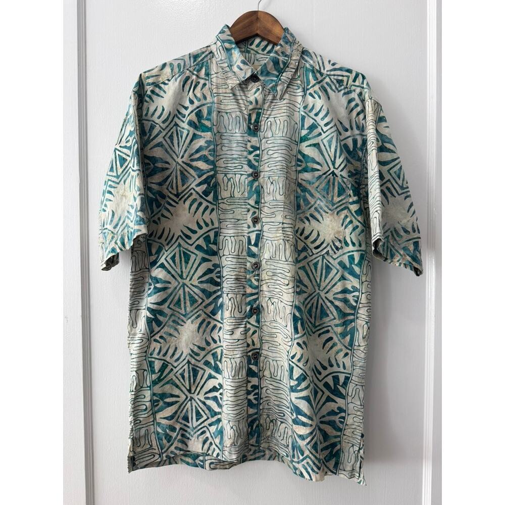 Johari West White Blue Palm Wave Print Leisure Men's Hawaiian Shirt Size Large